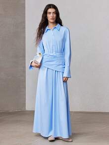 ZEYLAH 女士纯色裹身式修身A字长连衣裙，春季 - 藍色 - 查看 4