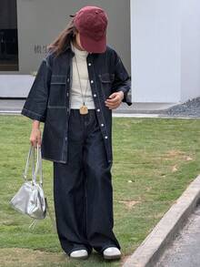 DAZY Girls Denim Jacket And Wide Leg Jeans Set, Tween Girl Fall Outfit - Blue - View 3