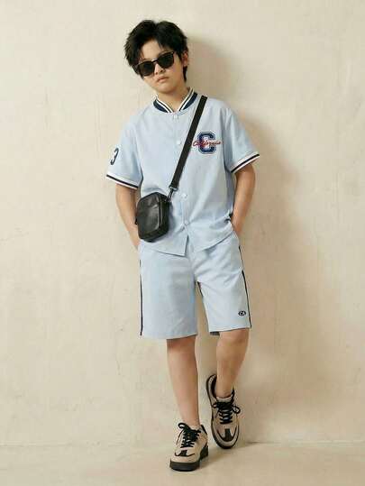 Casuvi Kids Mist Blue Casual American College Style Baseball Collar Tween Boys Jacket Set, Top Is A Baseball Collar Shirt-Style Jacket With C Letter Print On Chest And 23 Number Print On Right Sleeve, Bottom Is Shorts With CA Print On Hem, Suitable For Casual, Campus, Weekend Gathering Boys 2 Pieces Set Summer Boy Clothes Boys Semi Casual Set Light Blue