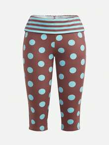 Y2Kool Annarte Leggings cortos de mujer a rayas con puntos en contraste azul menta y marrón, adecuados para fiestas de primavera/verano, vacaciones, entrenamientos, yoga y uso diario - Multicolor - Ver 5