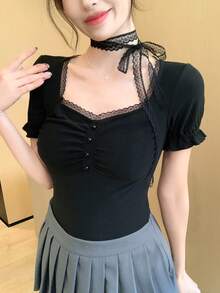 FRIFUL Women's Solid Color Contrast Lace Sweetheart Neck Short Sleeve Fitted Elegant T-Shirt Summer - Black - View 9