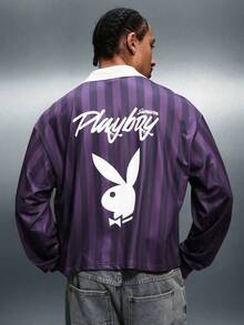 PLAYBOY X SUMWON Boxy Fit Football Long Sleeve Striped T-Shirt With Bunny Logo Print Back Design Casual Crew Neck Top - Purple - View 6