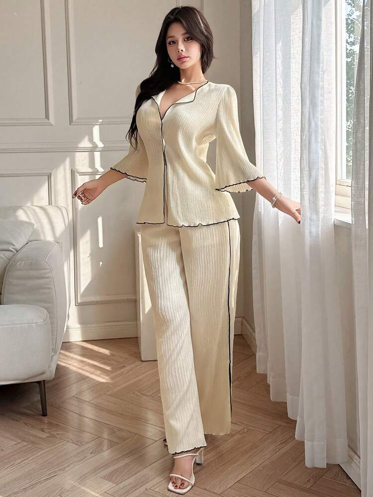 Spring & Summer Elegant Casual Vacation Striped Decor Loose Top And Straight Pants Set, Suitable For Commuting, Old Money Style Women 2-Piece Outfit