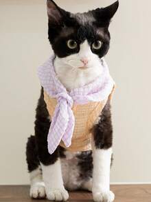 PETSIN Pale Yellow Cute Slouchy Cat English Print & Plaid Pet Sleeveless Vest Top, Breathable & Lightweight For Dogs, Spring/Summer - Multicolor - View 2