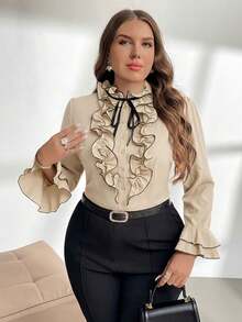 Firerie Plus Size Elegant Color Block Flare Sleeve Long Sleeve Shirt, Commuter Style - Apricot - View 6