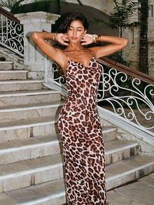 Opulessa 女士豹纹露背连衣裙，度假/夏季款 - 卡其色 - 查看 3