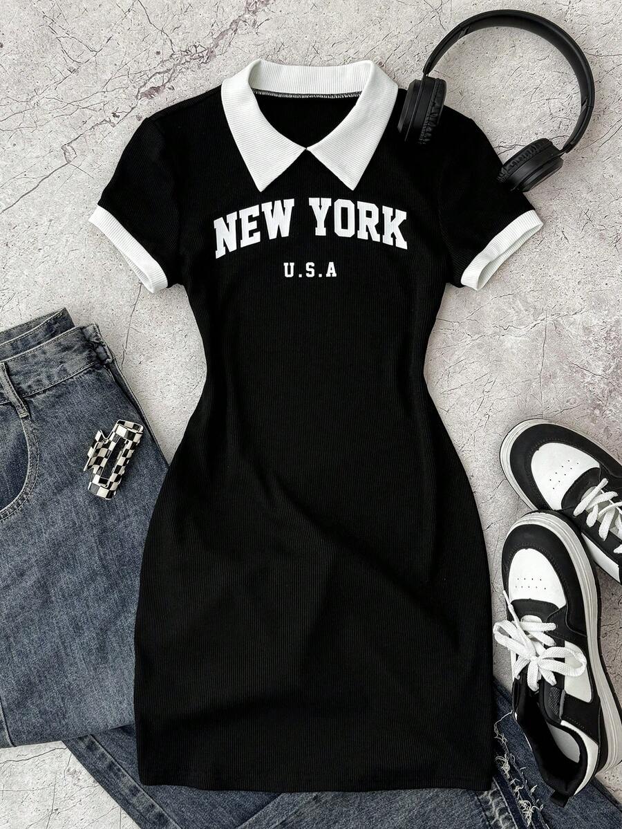 SHEIN 少女撞色 Polo 领罗纹针织修身迷你连衣裙，字母印花 - 黑與白 - 查看 1
