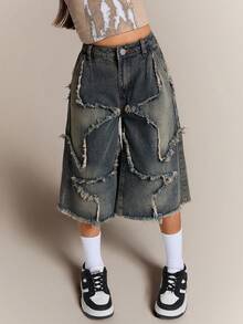 Radiana Quần jeans ống rộng denim Capri, quần short dài, họa tiết ngôi sao cổ điển Y2K cho bé gái, có đai thắt lưng, viền tua rua, thoải mái và thời trang để mặc hàng ngày, đi học, dạo phố - Rửa trung bình - Xem 4