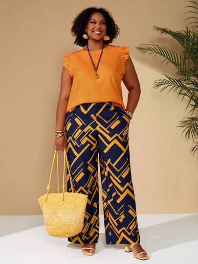 EMERY ROSE Plus Size Women Solid Color Round Neck Cap Sleeve Top And Pocket Wide Leg Pants Casual Outfit For Summer/ Vacation Summer Outfits Summer Clothes  Spring  Spring Outfit Women Spring Clothes Beach Vacation Outfits For Women Bohemian