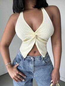 Alexandranx Fashionable Sexy Halter Tie-Up Twisted Hem Slit Open Back Camisole - Yellow - View 3