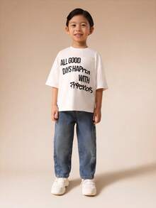 SUMWON 男童短袖印花T恤，带口袋，印有友谊字样，圆领纯棉T恤，休闲度假款 - 白色 - 查看 3