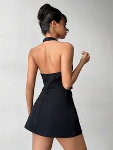Aloruh Bộ áo hở lưng cài nút phía trước và chân váy denim thường ngày cho nữ - màu đen - Xem 3