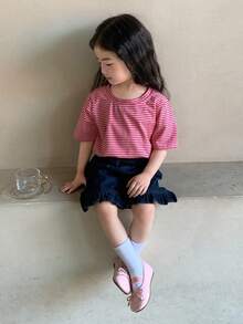 DAZY Toddler Girls' Round Neck Striped Short Sleeve Top, Spring/Summer