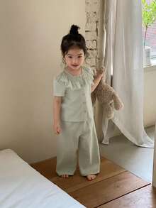 DAZY 女童蕾丝荷叶边休闲长袖上衣和裤子两件套睡衣