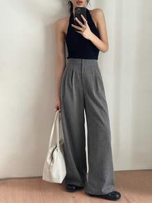 DAZY Quần ống rộng cạp cao màu trơn dành cho nữ - Xám - Xem 5