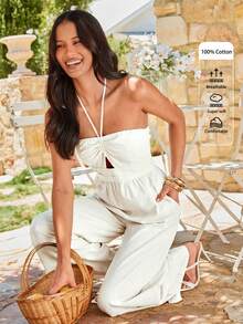 KARISMINA 女士时尚优雅休闲度假露背连体裤，露背设计，时尚休闲宽松版型，米色连体裤 - 白色 - 查看 6