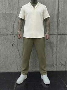 HIMLAND 男士多色休闲简约撞色短袖提花衬衫长裤套装，带口袋，男士度假装，男士提花衬衫套装，男士两件套，男士休闲套装，男士衬衫长裤套装 - 彩色 - 查看 9