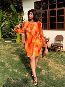 SHEIN EZwear 大码女式印花圆领长袖时尚连衣裙 - 橘色 - 查看 5