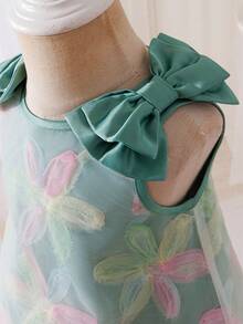 SHEIN Baby Girl Loose Elegant Big Bow 3D Flower Sleeveless Dress - Green - View 5