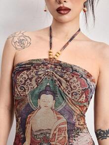 ROMWE Avant 中国风佛像印花串珠项链设计迷你连衣裙女装 - 彩色 - 查看 2