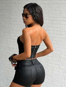 Jeanoix Y2K Women Coated Zipper Design Cropped Bustier Top - Black - View 2