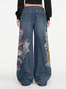 ROMWE Grunge Punk 男女皆宜的复古街头风中国虎纹花卉刺绣宽松阔腿牛仔裤 - 藍色 - 查看 2
