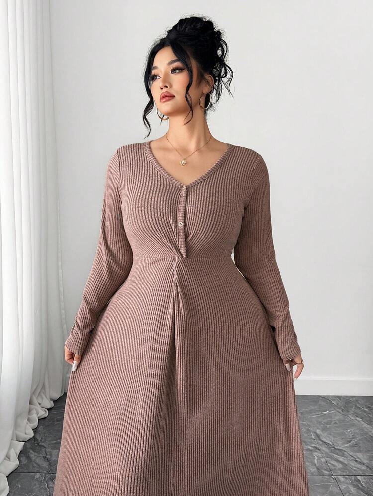 Dazy Plus Elastic Fitted Scoop Neck Cinched Waist Elegant Long Knit Dress, Spring/Autumn Sundress