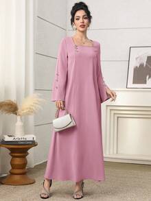 Yasmyna Áo Kaftan & Jalabiya nữ tay dài cổ vuông màu hồng, thêu hoa thủ công, trang trí nơ, cổ áo bằng vải dệt, dành cho nữ. - Hồng - Xem 4