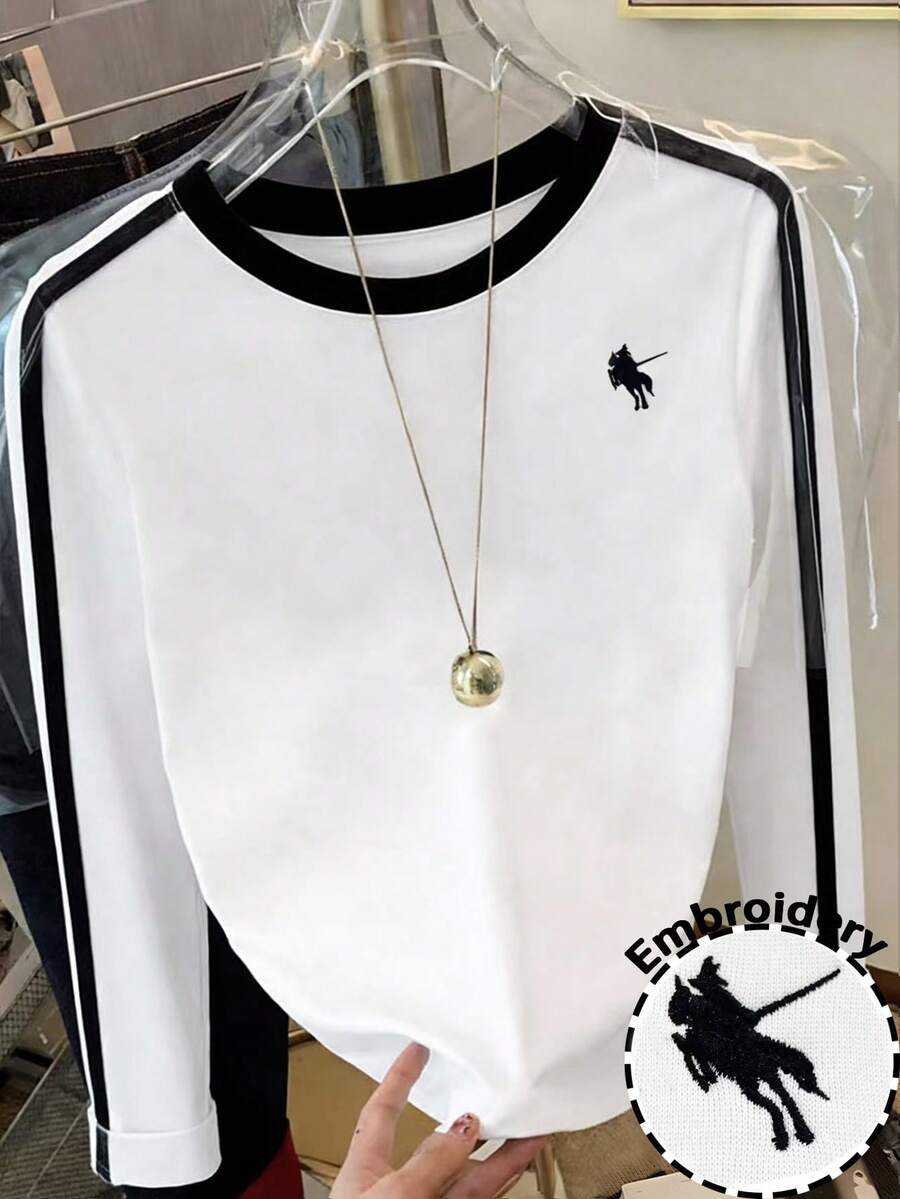 Resyla 复古撞色长袖圆领T恤，秋季休闲时尚套头毛衣 - 黑與白 - 查看 1