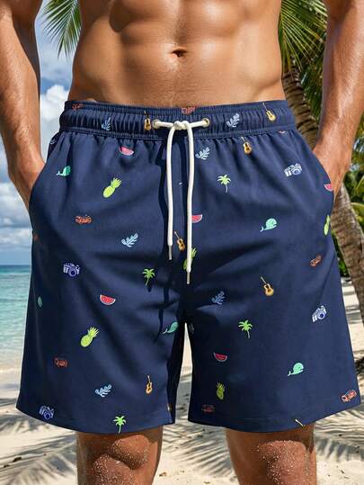Manfinity Swimmode Men's Pineapple Print Drawstring Waist Pocket Casual Beach Shorts Mens Beachwear Navy Blue Swim Trunks Mens Swim Shorts Mens Trunks Mens Pineapple Swim Trunks,Summer Holiday Mens Patterned Swim Trunks Mens Summer Shorts