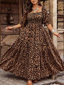 Ceyna Rochie de damă de mărime mare, primăvară/vară, cu imprimeu leopard, decolteu pătrat, mânecă jumătate, talie, linie A, pliată - Multicolor - Vizualizare 3