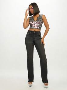 SUMWON WOMEN 高腰弹力直筒牛仔裤经典传统版型优质休闲日常穿着层叠流线型廓形四季皆宜 - 黑色 - 查看 5