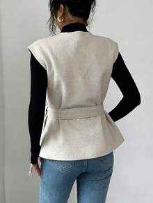 Elenzga 女士不对称系带无袖束腰外套，休闲日常穿着，时尚办公着装，春夏款 - 杏色 - 查看 2