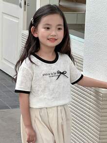 DAZY Young Girl Slogan Print Bow Decor Round Neck Short Sleeve Casual T-Shirt Summer - Beige - View 6