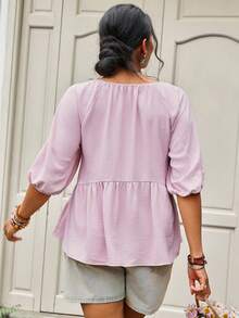 Freevana 大码女装夏季休闲度假荷叶边心形领泡泡袖碎花装饰娃娃衫乡村可爱衬衫粉色上衣节日夏季上衣情人节方领上衣薰衣草色衬衫浅紫色上衣碎花贴花上衣 - 藕粉色 - 查看 5