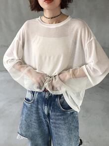 FRIFUL 女士宽松圆领超大款落肩网纱拼接透视薄款T恤 - 米色 - 查看 2