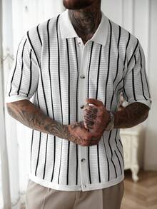 OTTIMOZO 男士休闲度假条纹印花镂空针织短袖毛衣，休闲/通勤/度假/酷老爸风，春夏男士钩针衬衫，男士度假装，男士条纹衬衫，针织男士衬衫，男士夏季服装 - 彩色 - 查看 5