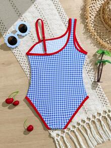 1pc Young Girls Blue & White Plaid Print With Red Trim One-Piece Swimsuit Summer Swimsuit Checkered Bathing Suit Kids Girls Checkered Swimsuit Girls Cherry Swimsuit Beachwear Kids One Piece Girls One Piece Swimsuit Blue Checkered Swimsuit Children One Piece Bathing Suit Girl Swimwear Kids Swimwear Girl One Piece Checkered Blue Red Swimsuit - Multicolor - View 2