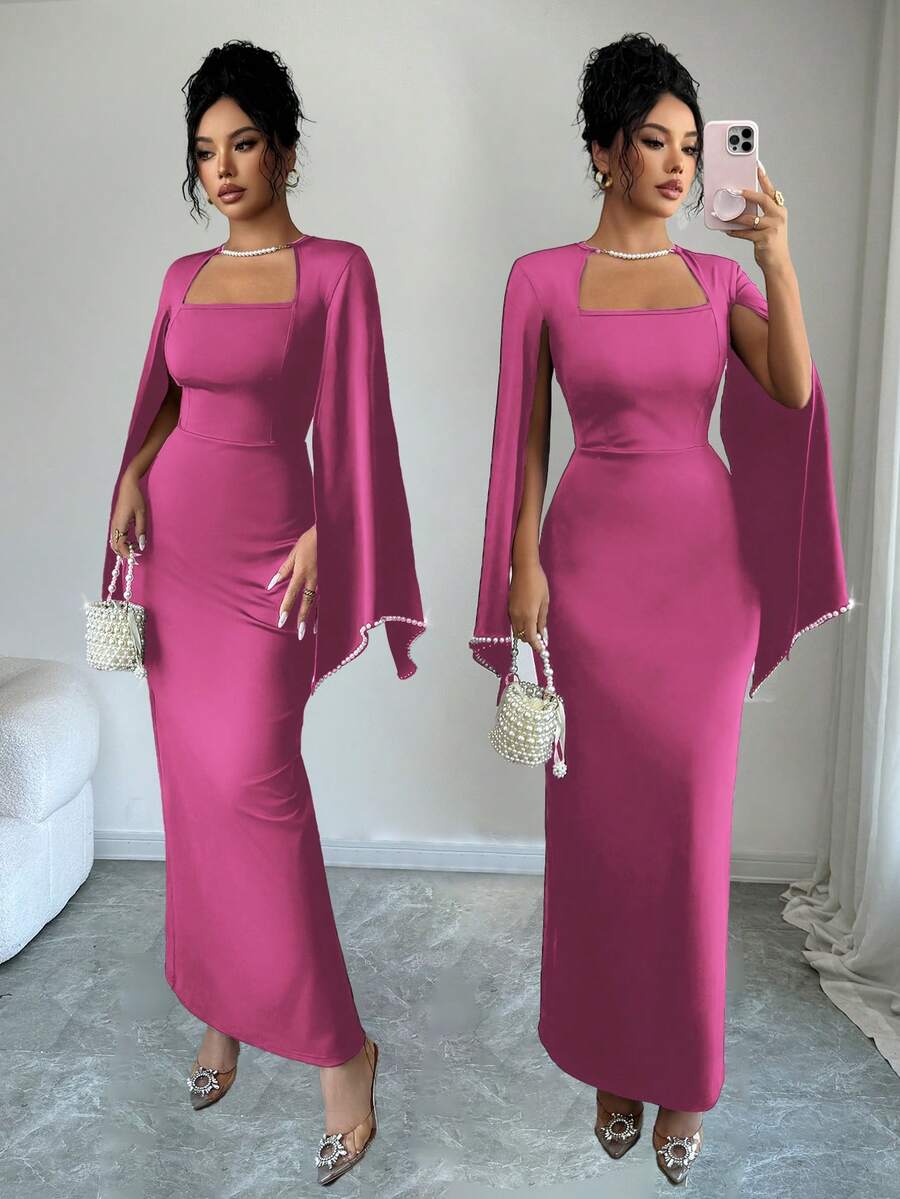 Elenzga Elegant & Refined Pearl Decor Bodycon Waist Dress For Women - Hot Pink - View 1