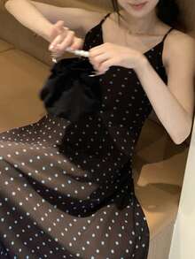 DAZY 女士波点优雅时尚约会派对长吊带连衣裙 - 棕色 - 查看 4