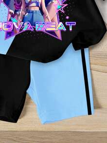 Bộ 2 món thời trang thường ngày dành cho bé gái, họa tiết hoạt hình K-POP, áo thun ngắn tay cổ tròn và quần short, áo thun phối màu tương phản, thoải mái cho mặc hàng ngày, đi nghỉ mát, mùa xuân/hè. - Nhiều màu - Xem 4