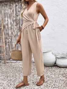 SHEIN Holidaya Bộ áo liền quần không tay buộc dây bằng vải lanh thoải mái, thích hợp cho nữ, kiểu dáng thường ngày đi nghỉ mát, mùa xuân/hè. - Màu be - Xem 6