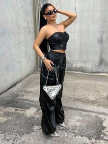 Dayanna Comas Women's Fall/Winter Streetwear Going Out Y2K Rapper Basic Athleisure Leather Black Cargo Pants - Black - View 3