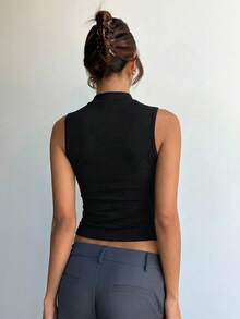 Aloruh Áo tank top cổ sườn xám kiểu Trung Quốc cổ điển dành cho nữ, màu đen, kiểu áo chui đầu thoải mái, thích hợp cho kỳ nghỉ, du lịch, áo nữ thanh lịch, áo mặc hàng ngày đi làm. Áo không tay màu đen, áo cổ cao, áo hè màu đen. - màu đen - Xem 2