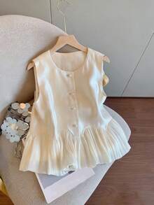 Resyla Blusa sin mangas de mujer de unicolor con cuello redondo, abotonadura sencilla y dobladillo con volantes - Albaricoque - Ver 1