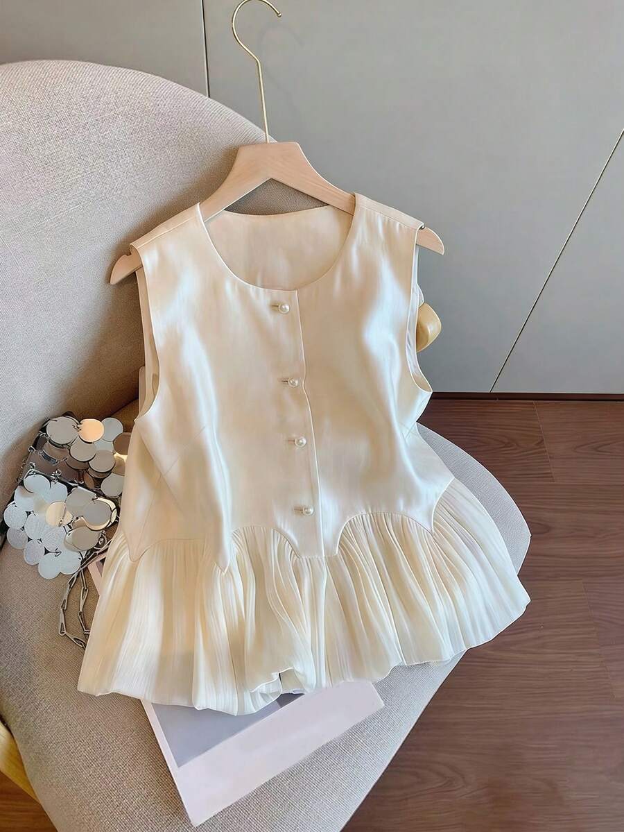 Resyla Blusa sin mangas de mujer de unicolor con cuello redondo, abotonadura sencilla y dobladillo con volantes - Albaricoque - Ver 1