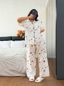 Napfluff CURVE Napfluff CURVE Conjunto de pijama de manga corta con cuello de solapa, estampado de estrella y arruga de burbuja en talla grande. Pijama con estampado de estrella, conjunto de pijama lindo y cómodo para mujeres, ropa de dormir para mujeres - Blanco - Ver 5
