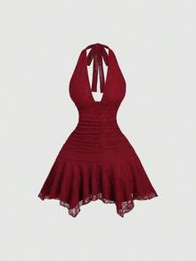 Sweetra Nuevo vestido de fiesta elegante y sexy de mini longitud con cintura ceñida, bajo asimétrico de encaje, escote en V y espalda descubierta, color rojo vino - Burdeos - Ver 1