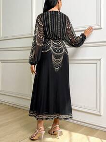 Al Najma 女士V领印花优雅长袖阿拉伯连衣裙 - 黑色 - 查看 2