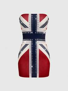 ROMWE Grunge Punk Y2K Vintage UK Flag Print Rhinestone Studded Mini Dress For Women - Red - View 1